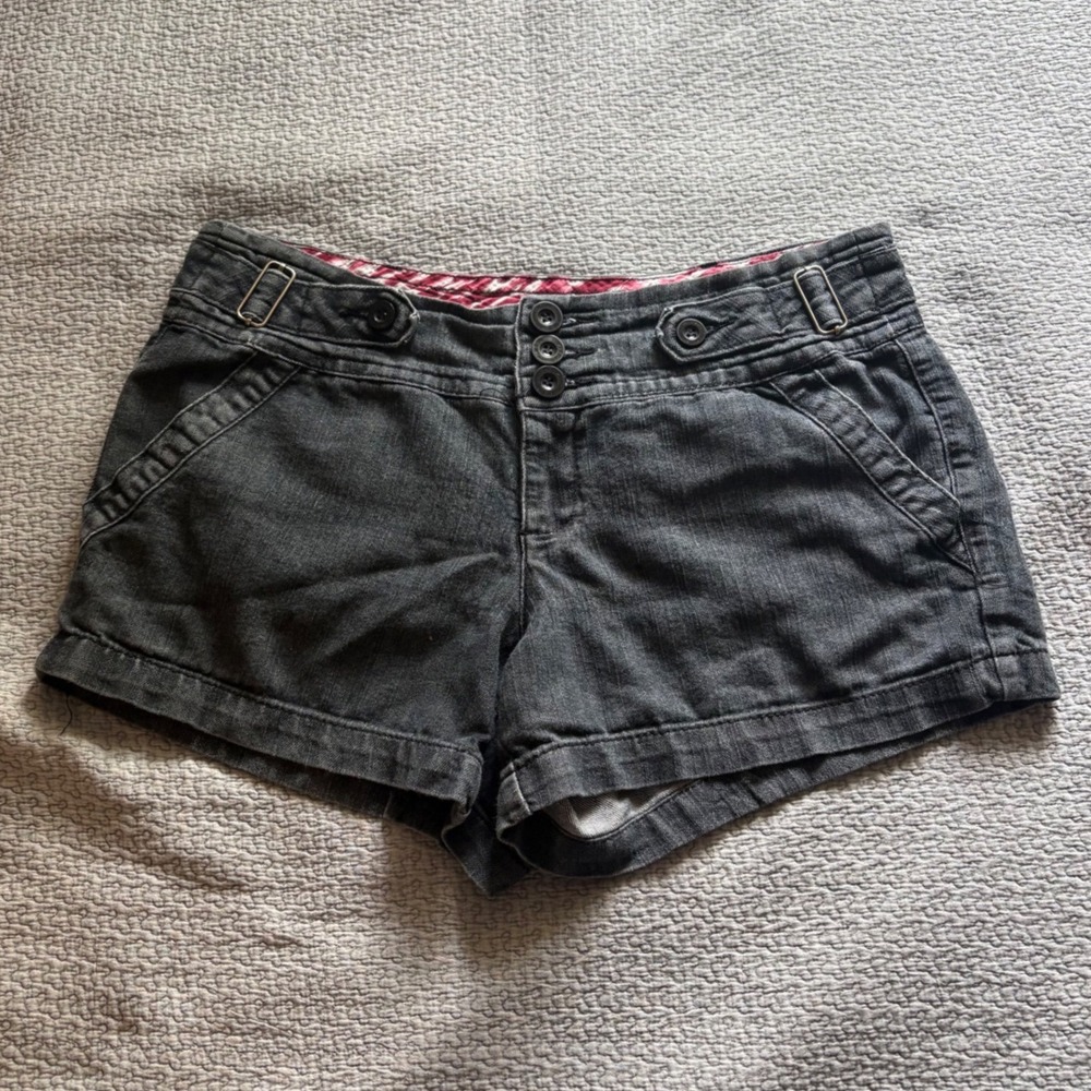 One Step Up Black Denim Shorts Low Rise Triple Button Fly Size 12 Faded Wash